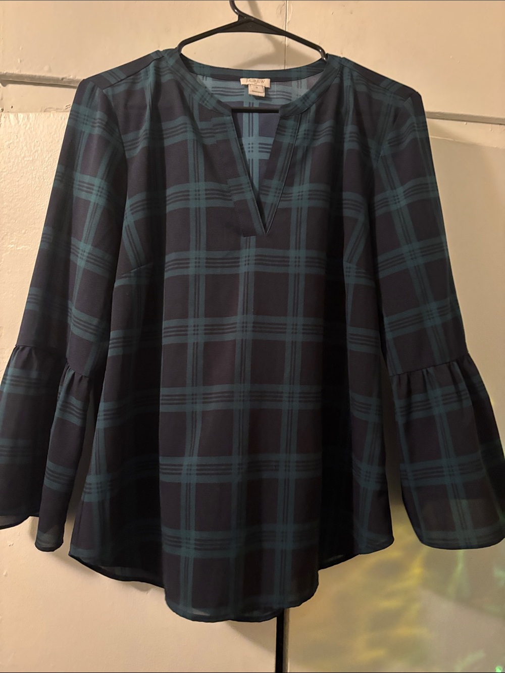 J. Crew Navy and Teal Plaid V-Neck Bell Sleeve Tunic